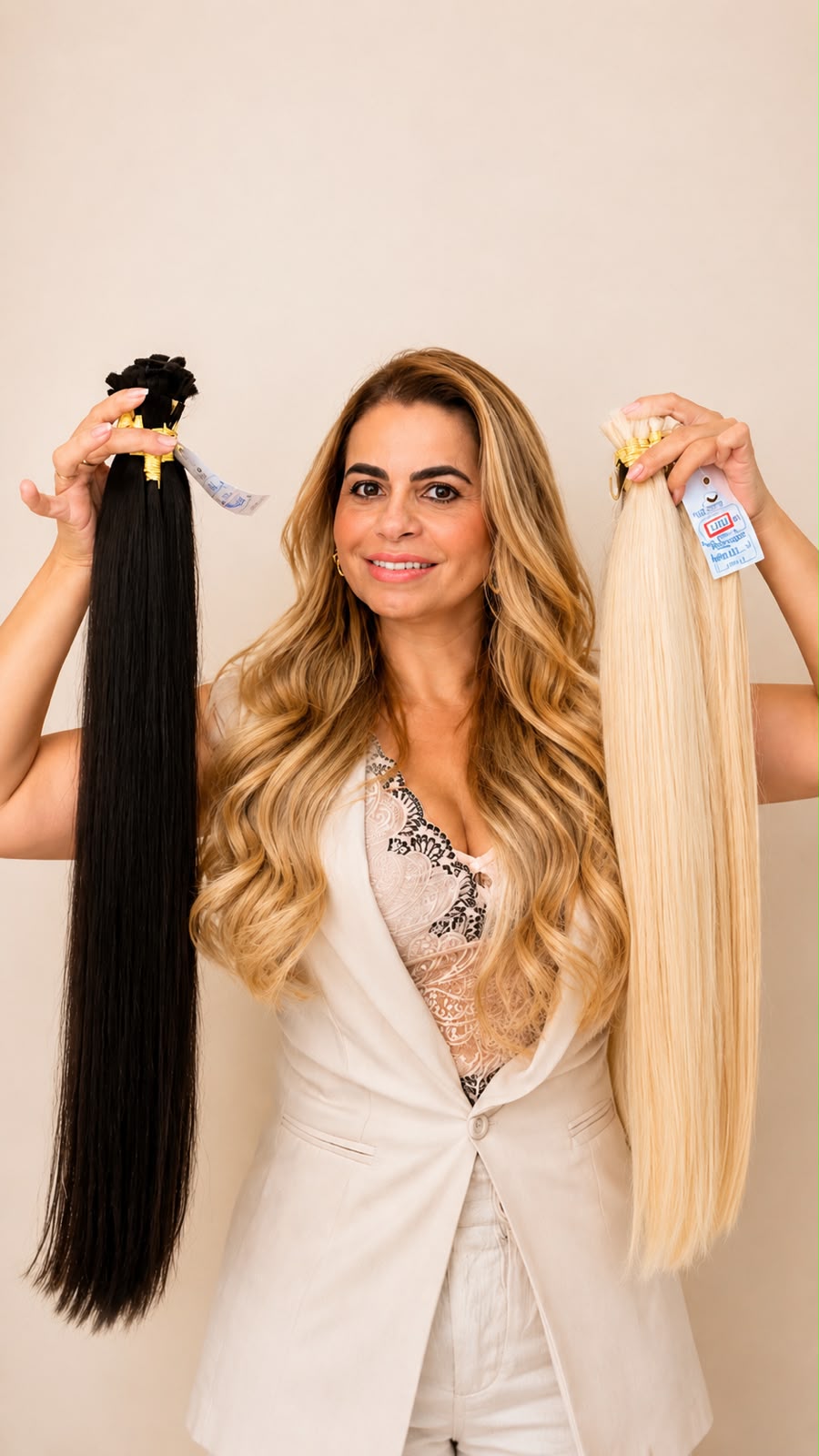 Andréia segurando mechas de cabelo vietnamita claro e escuro