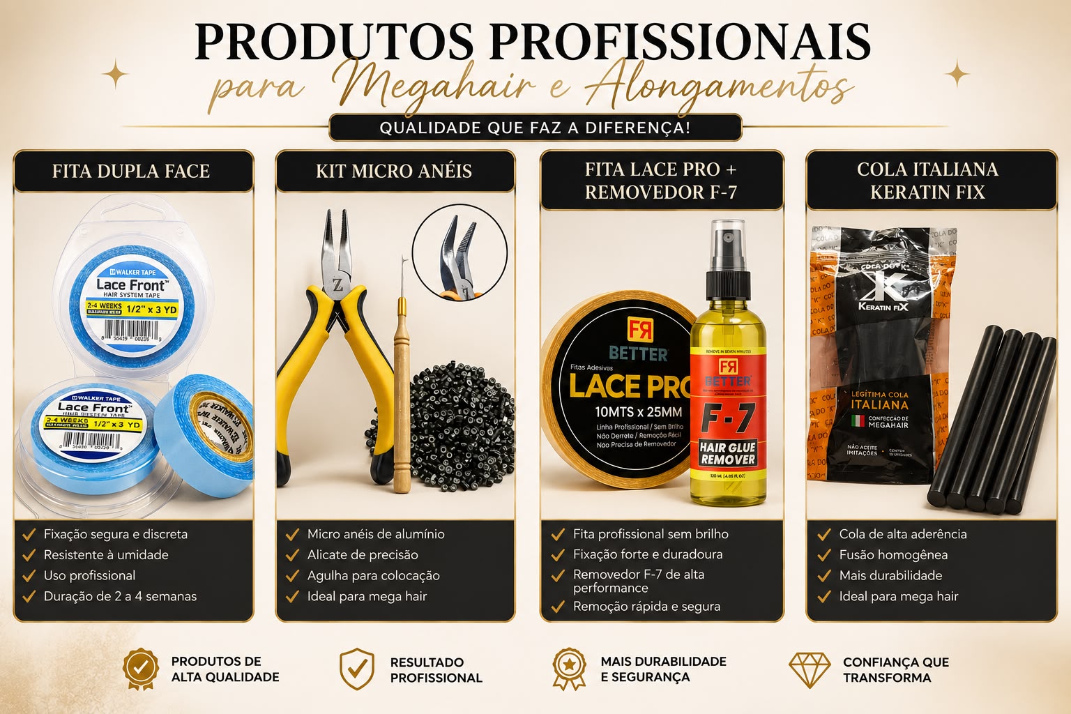 Produtos profissionais para mega hair e alongamentos