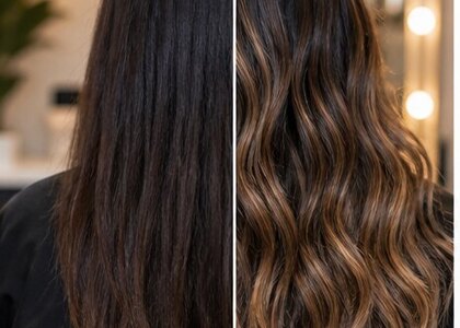 Antes e depois de transformação com mega hair ondulado